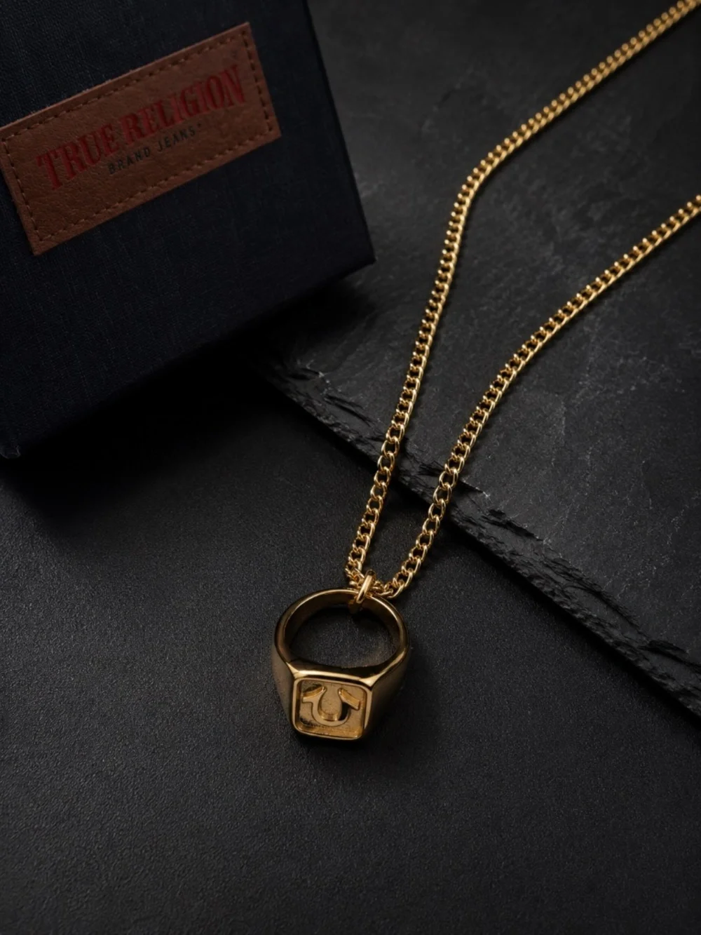 NWT True Religion Men's Gold Tone Ring Pendant Necklace Stainless Steel 20+2